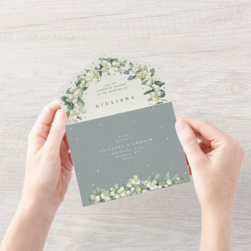 GreenCream SnowberryEucalyptus Winter Wedding All In One Invitation