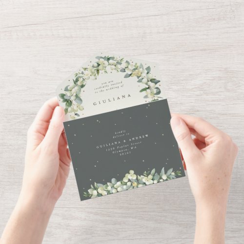 GreenCream SnowberryEucalyptus Winter Wedding All In One Invitation