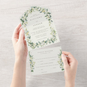Green/Cream Snowberry+Eucalyptus Winter Wedding All In One Invitation