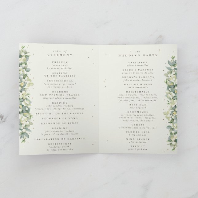 Green/Cream Snowberry+Eucalyptus Winter Wedding Program (Inside)