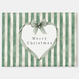 Green Cream Stripes Heart Bow Christmas Magnet