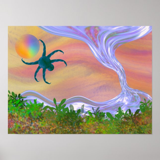 Green creature retrieving sphere from storm. poster (Front)