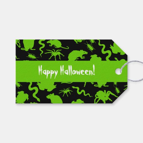 Green Creepy Crawly Happy Halloween Rats Pattern Gift Tags