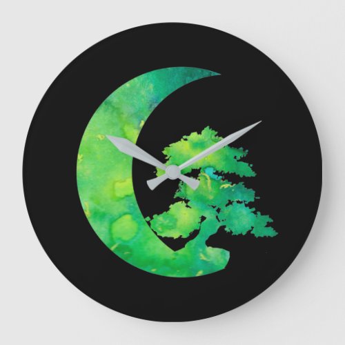Green Crescent Moon and Bonsai Tree Large Clock