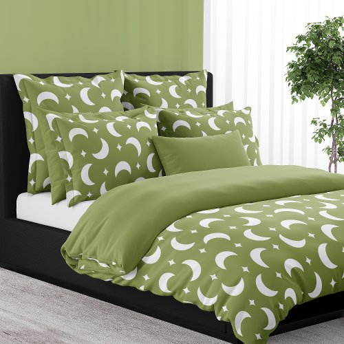 Green Crescent Moon And Stars Celestial Duvet Cover