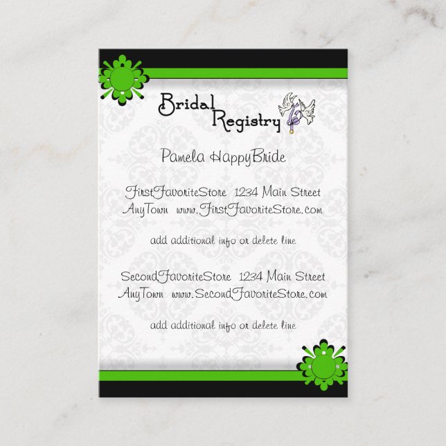 Green Crest Damask Bridal Registry Cards (Front)