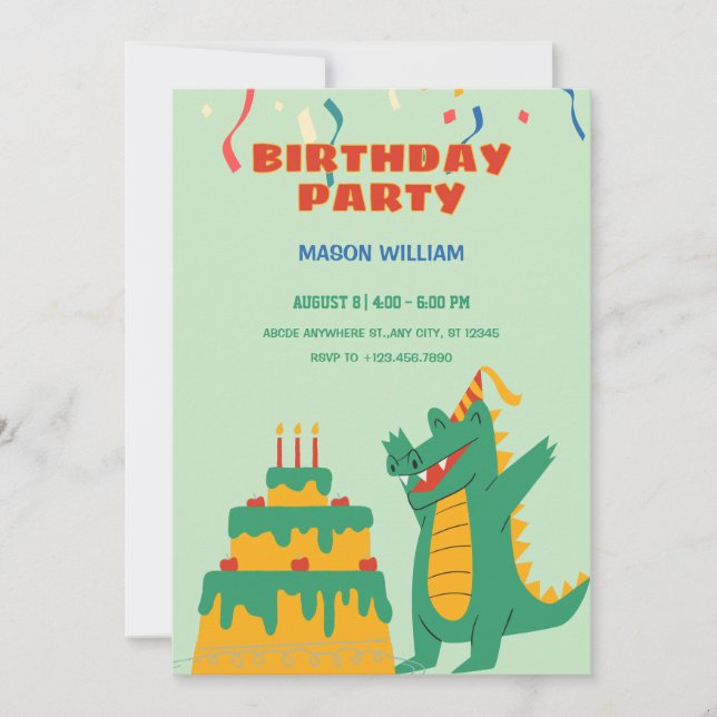 Green crocodile birthday party  invitation (Front)