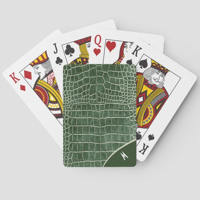 Green Crocodile Pattern Monogram Poker Cards (Back)
