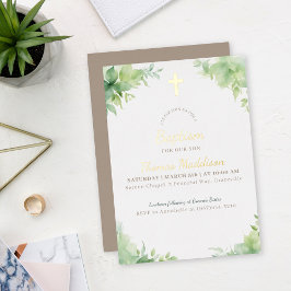 Green Cross and Greenery Baptism Foil Invitation