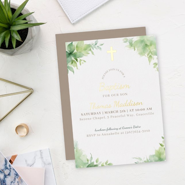 Green Cross and Greenery Baptism Foil Invitation (Creator Uploaded)