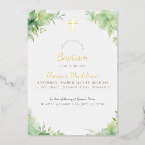 Green Cross and Greenery Baptism Foil Invitation