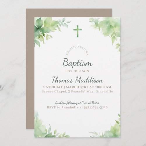 Green Cross and Greenery Baptism Invitation