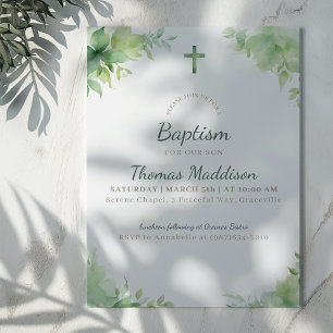 Green Cross and Greenery Baptism Invitation