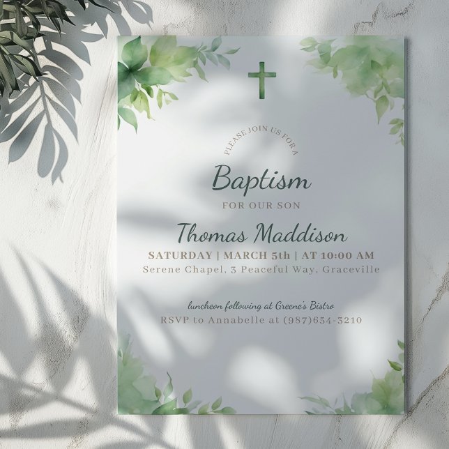 Green Cross and Greenery Baptism Invitation (Creator Uploaded)