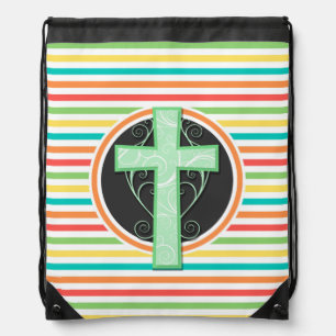 Green Cross; Bright Rainbow Stripes Drawstring Bag