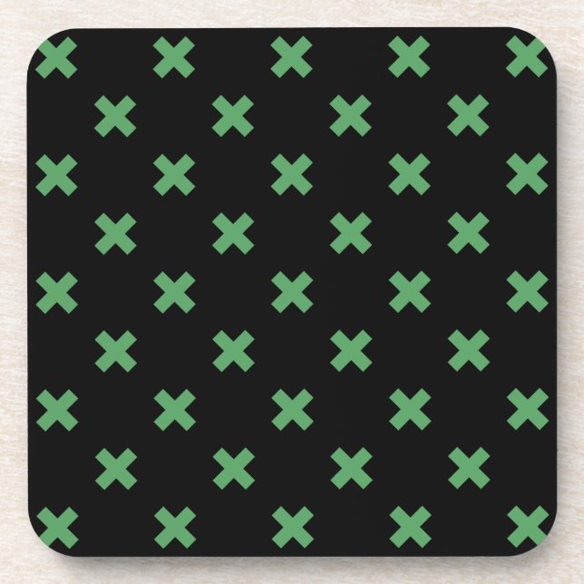 Green cross stitches on black beverage coaster (Front)