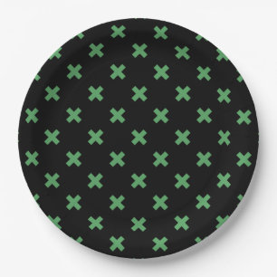 Green cross stitches on black paper plates