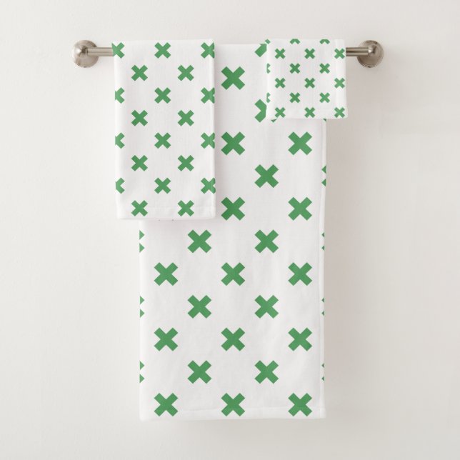 Green cross stitches on white bath towel set (Insitu)