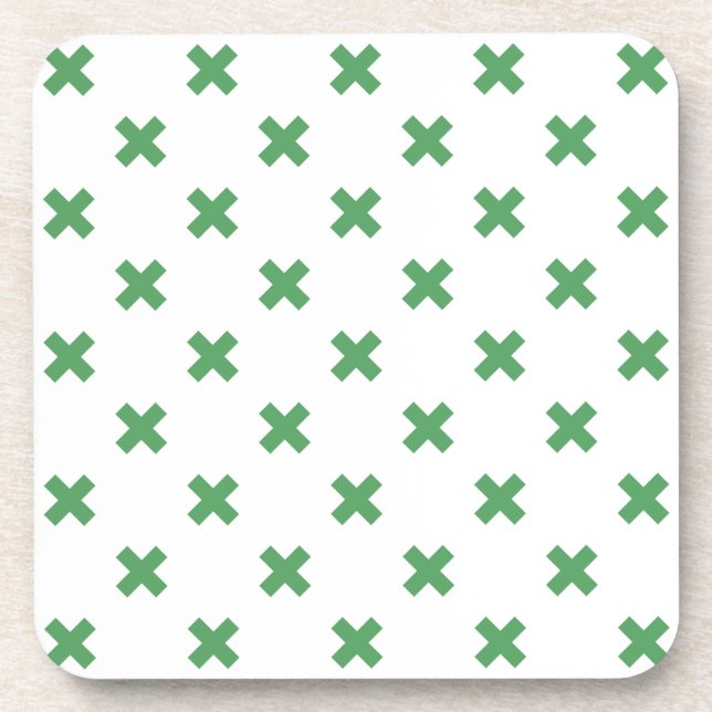 Green cross stitches on white beverage coaster (Front)