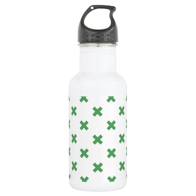 Green cross stitches on white stainless steel water bottle (Front)