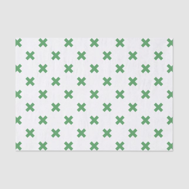Green cross stitches on white tissue paper (Front)