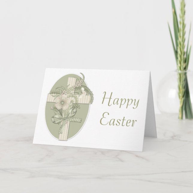 Green Cross w Flowers Happy Easter Greeting Card (Front)