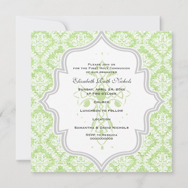 Green Cross white damask burlap First Communion Invitation (Front)