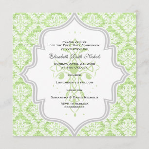 Green Cross white damask burlap First Communion Invitation