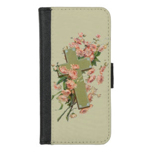 Green Cross With Pink Flowers  iPhone 8/7 Wallet Case
