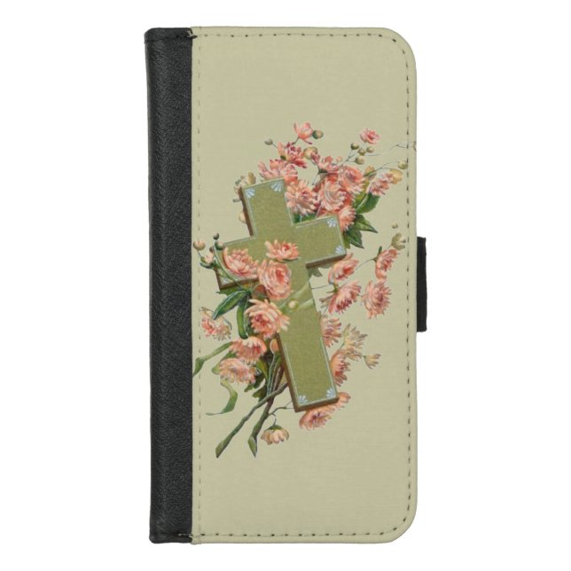 Green Cross With Pink Flowers  iPhone Wallet Case (Front)