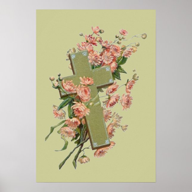 Green Cross With Pink Flowers Poster (Front)