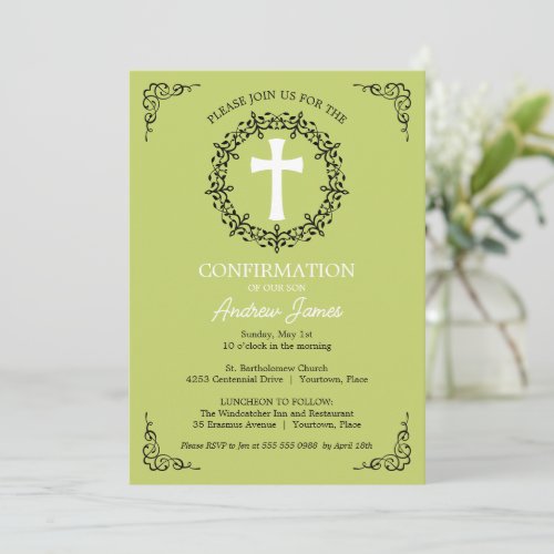 Green Cross Wreath Confirmation Invitation