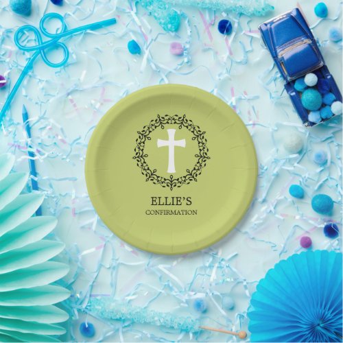 Green Cross Wreath Confirmation Paper Plates