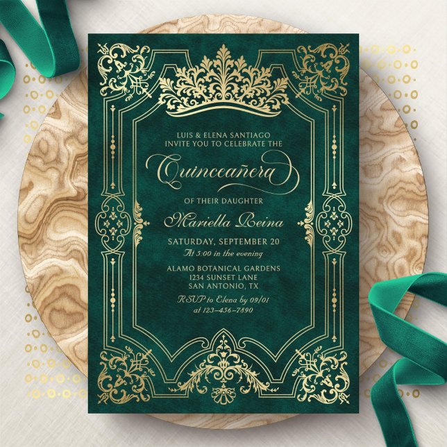 Green Crown Tiara Elegant Quinceanera Invitation (Creator Uploaded)