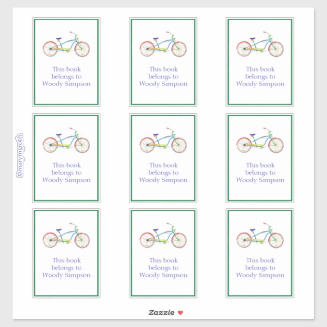 Green Cruiser Bike Bookplate Sticker (Sheet)