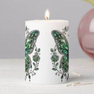 Green Crystal Butterfly Floral Frame Pillar Candle