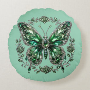 Green Crystal Butterfly Floral Frame Round Pillow
