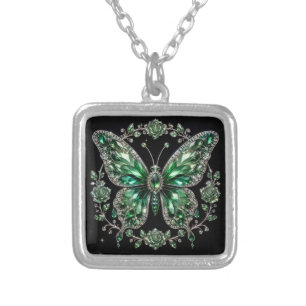 Green Crystal Butterfly Floral Frame Silver Plated Necklace