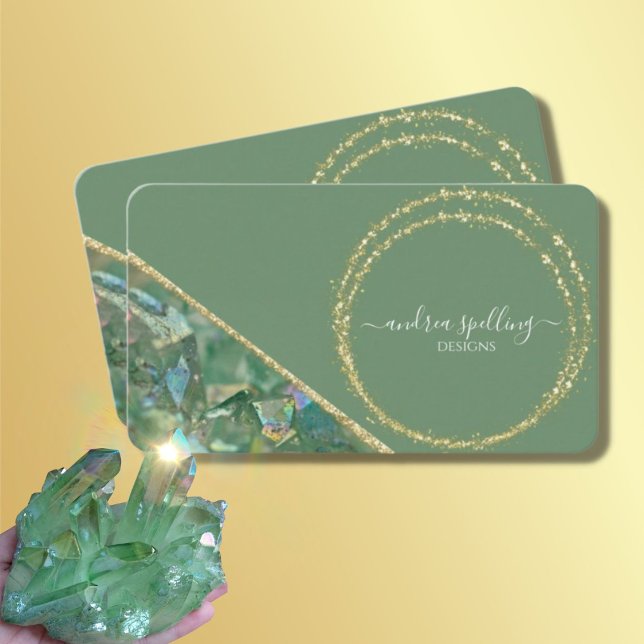 Green Crystal Quartz Gold Glitter Business Cards (Creator Uploaded)