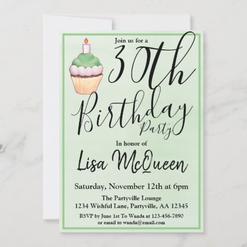 Green Cupcake 30th Birthday Party Invitation