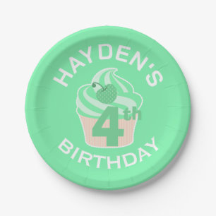 Green Cupcake Custom Fourth or Any Age Birthday Paper Plates