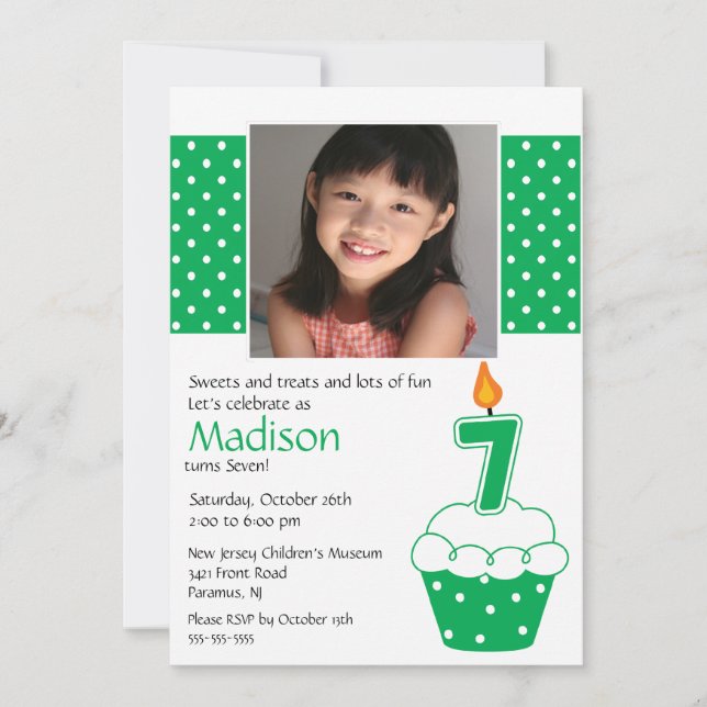 Green Cupcake Photo 7th Birthday Invitation (Front)