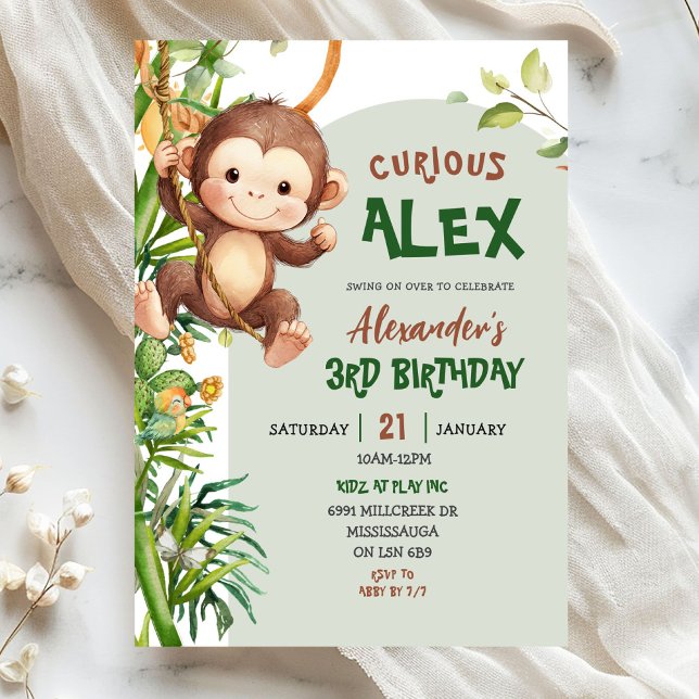 Green Curious Monkey Safari Theme Birthday Invitation (Creator Uploaded)