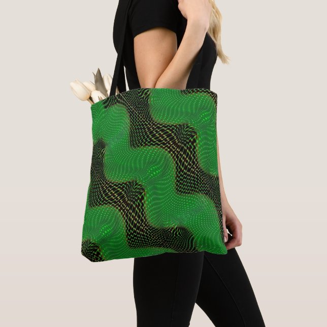 Green curve with lines and circles upon dark tote bag (Close Up)