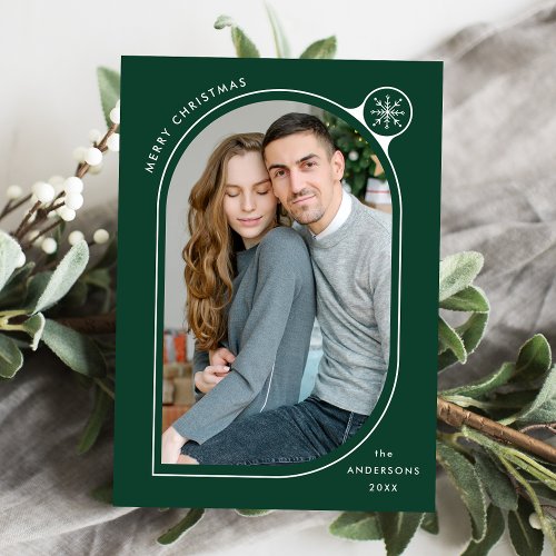 Green Curved Frame Snowflake Photo Holiday Card