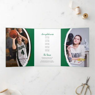 Green Curved Frame Three Photo Graduation Tri-Fold Invitation