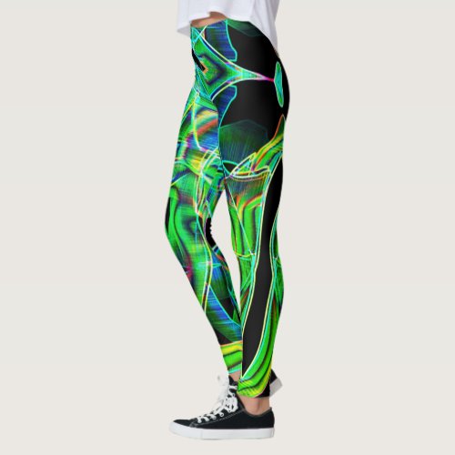 Green curved ribbons highlighted by embossed leggings