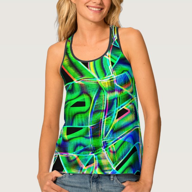 Green curved ribbons, highlighted by embossed tank top (Front)