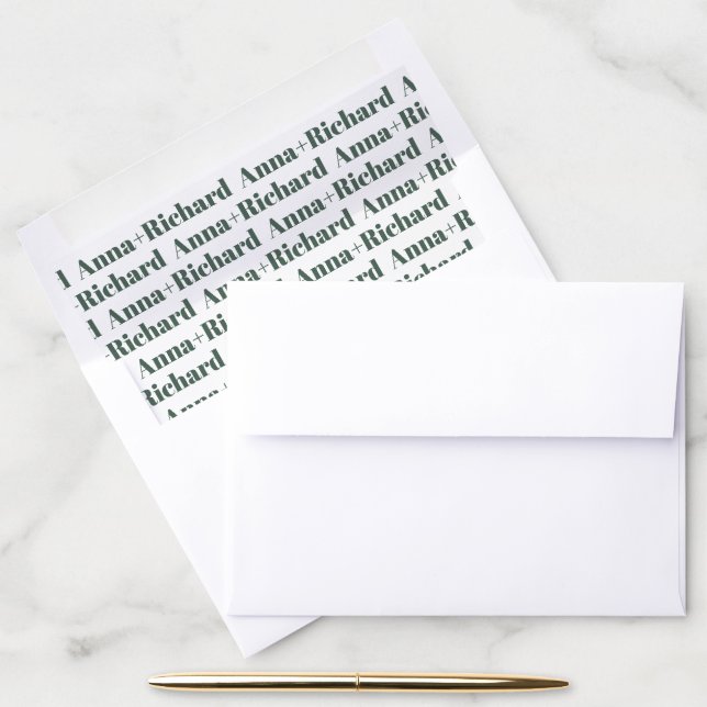Green custom bold typography names wedding envelope liner (Desk)
