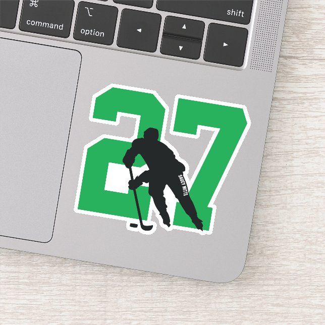 Green Custom Hockey Player Number Laptop Sticker (Detail)